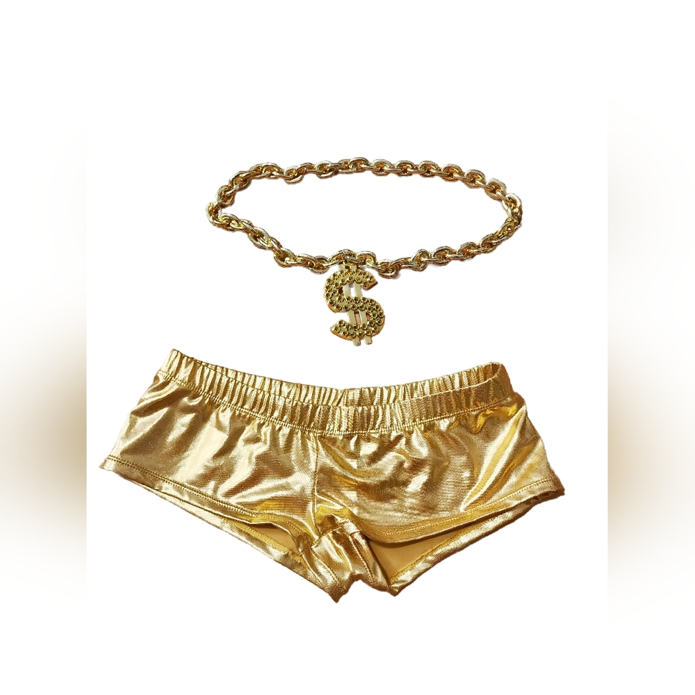 Gold chain dollar sign bling and gold shorts set shorts are size small